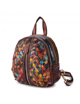 Women Genuine Leather Hand Stitching Patchwork Backpack Multi-Slot Handbags