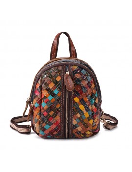 Women Genuine Leather Hand Stitching Patchwork Backpack Multi-Slot Handbags