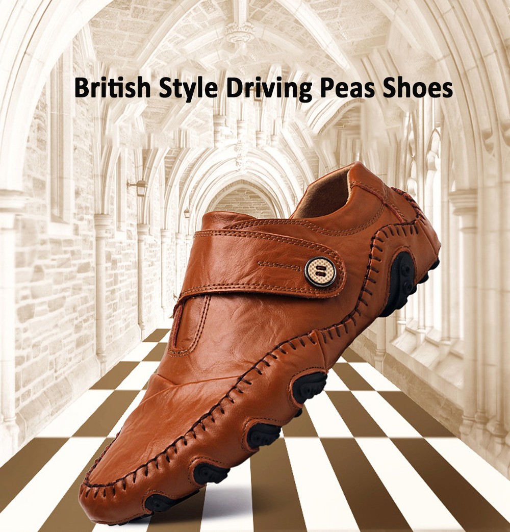 Men Large Size Casual Leather Shoes Low Top Flat Heel Round Toe British Style Driving Peas Shoes - Brown EU 48