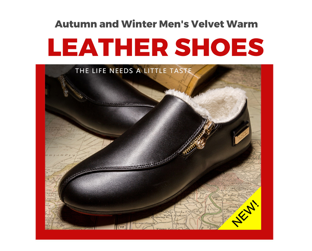 Autumn Winter Men's Beans Shoes Plus Velvet Warm Cotton Casual Footwear - Black EU 39 Autumn and Winter Men's Velvet Warm Leather Shoes